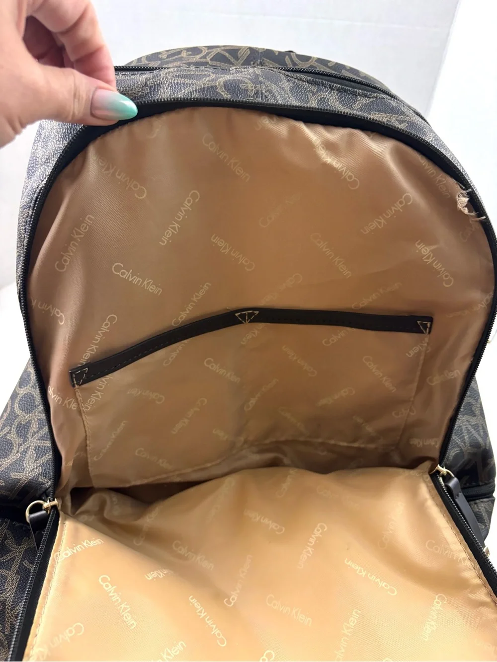 Calvin‎ Klein Elaine Signature Brown Monogram Key Item Flap Large Backpack